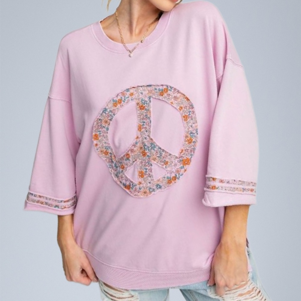 EASEL "Peace Petals" Mineral Washed Cotton Side Slits Peace Sign Patch Raw Seams - Picture 5 of 11